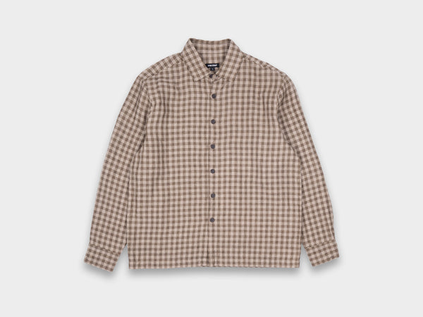 Evan Kinori Flat Hem Shirt Linen Check Beige / Brown